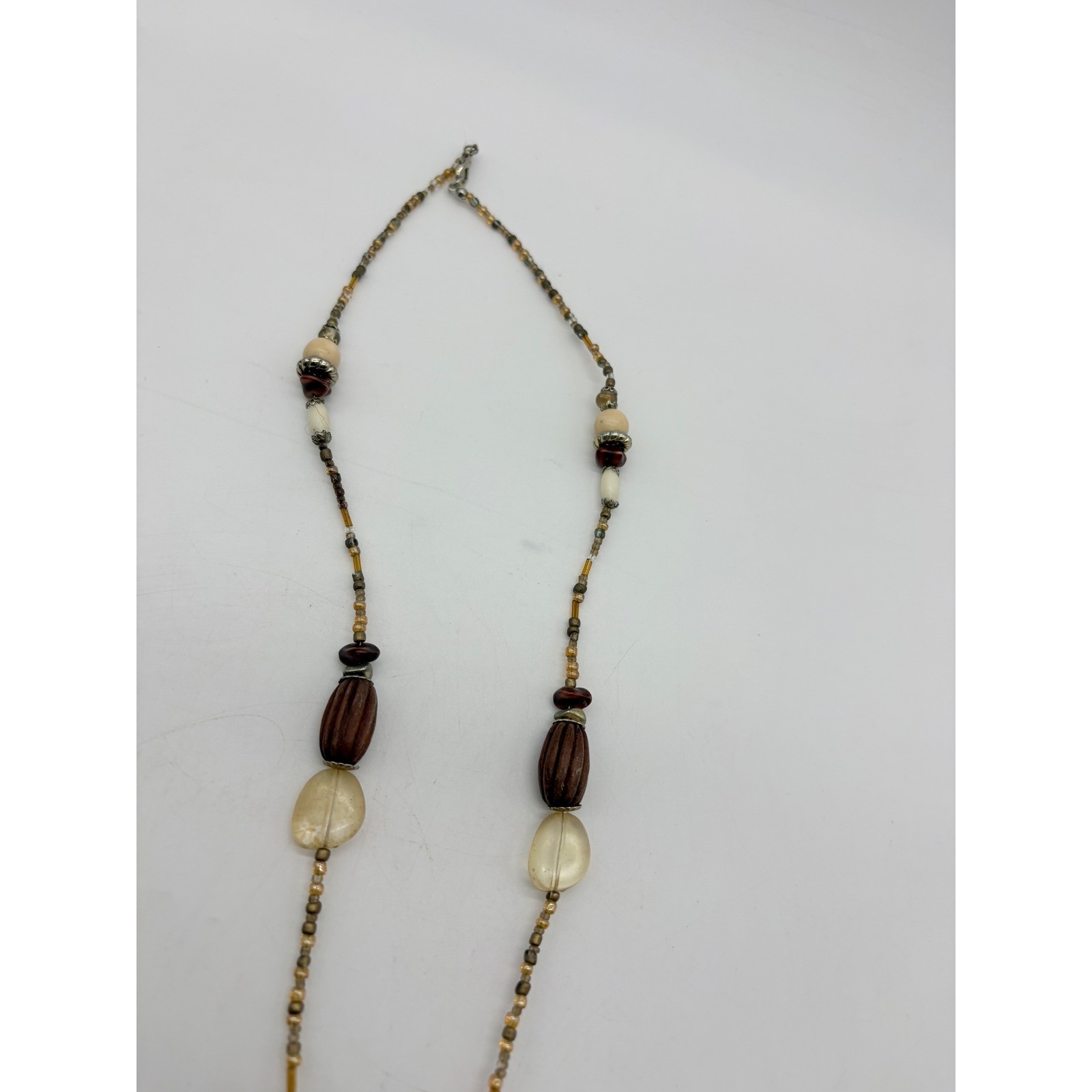 Bohemian Long Beaded Necklace Brown Cream Earthy Tones Mixed Media 36 Inch