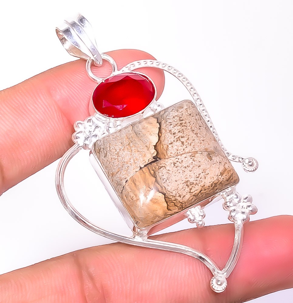 Natural Picture Jasper – Oregon, Garnet 925 Silver Plated Pendant 2.73″ P30944