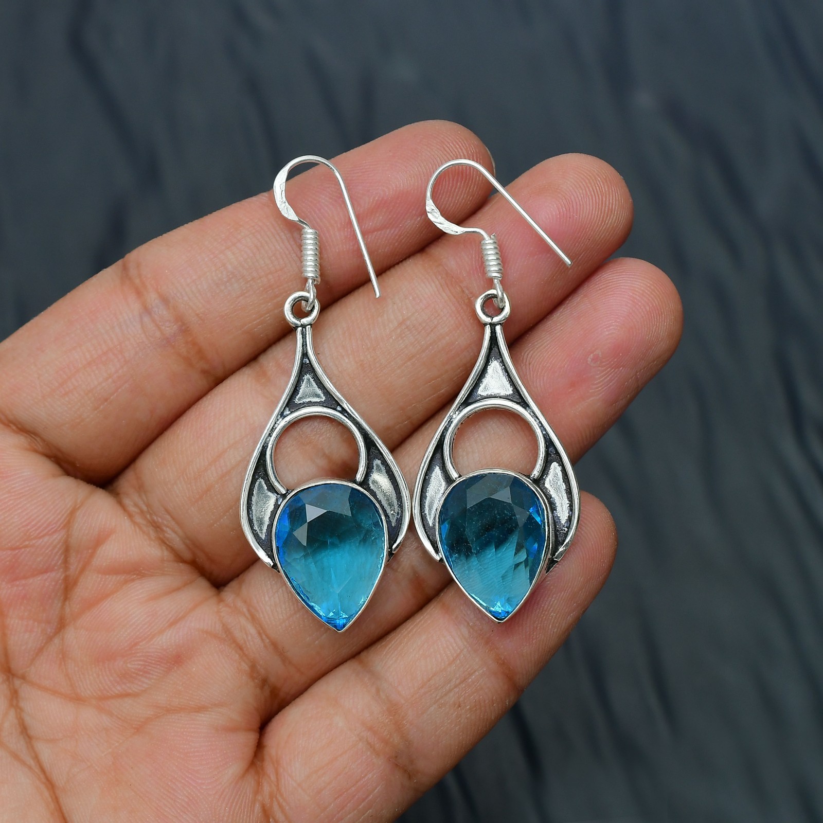 Blue Topaz (Lab-Created) Gemstone 925 sterling silver Handmade Earring 1.96″