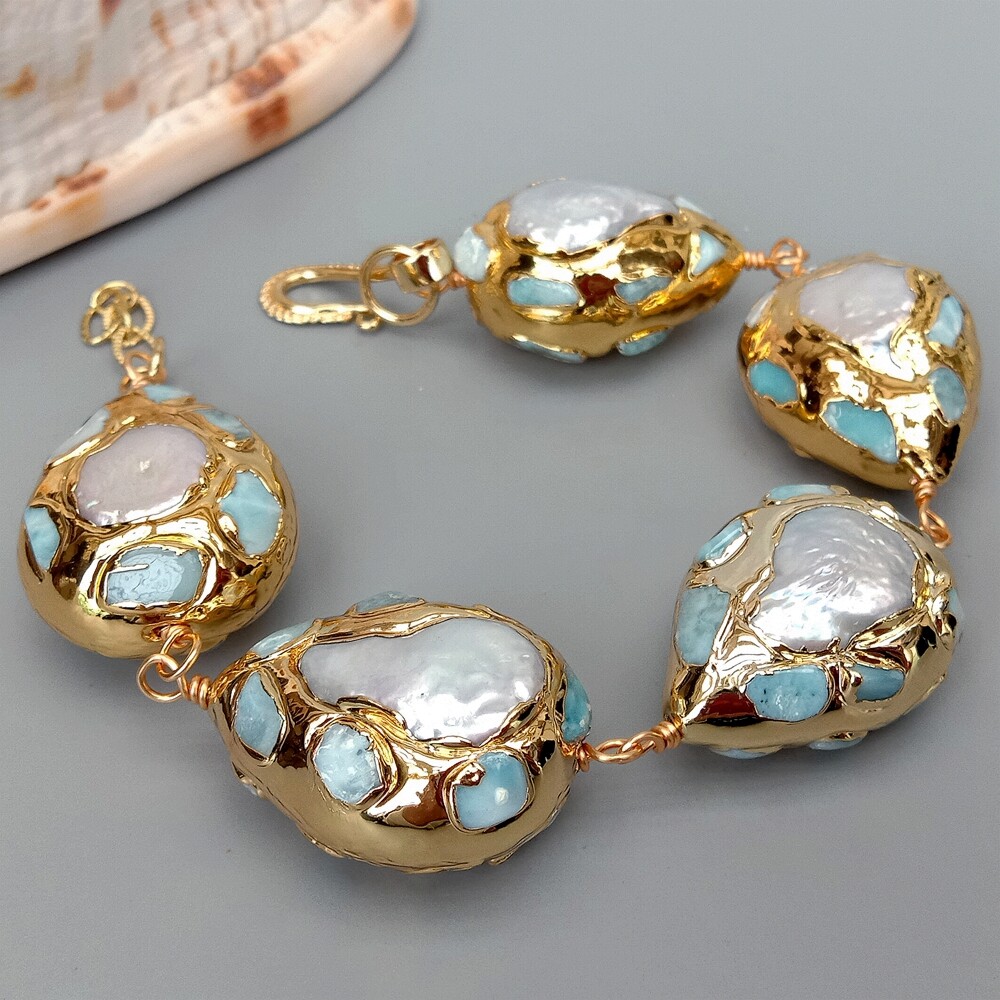 9″ Freshwater White Pearl Teardrop Shape Blue larimar Gold Plated Bracelat