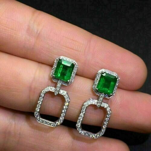 4Ct Emerald Simulated Green Emerald Drop/Dangle Earrings 14K White Gold Plated