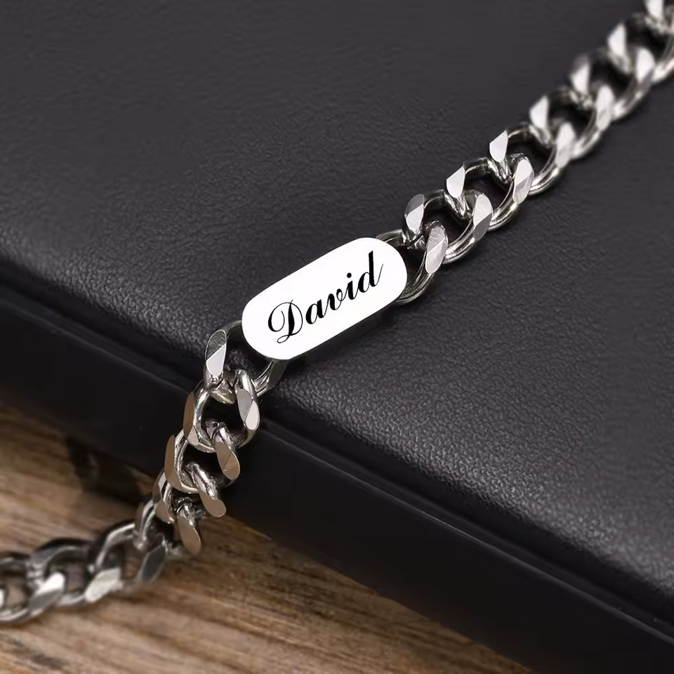 Custom Engraved Name 7.8mm Thick Cuban Chain Bracelet Jewelry Men Women Silver