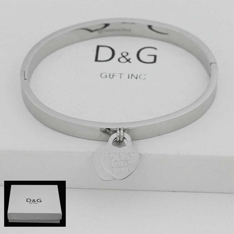 DG Women’s 6.5″ Stainless Steel Silver Bangle Charm Bracelet,High Polish*Box
