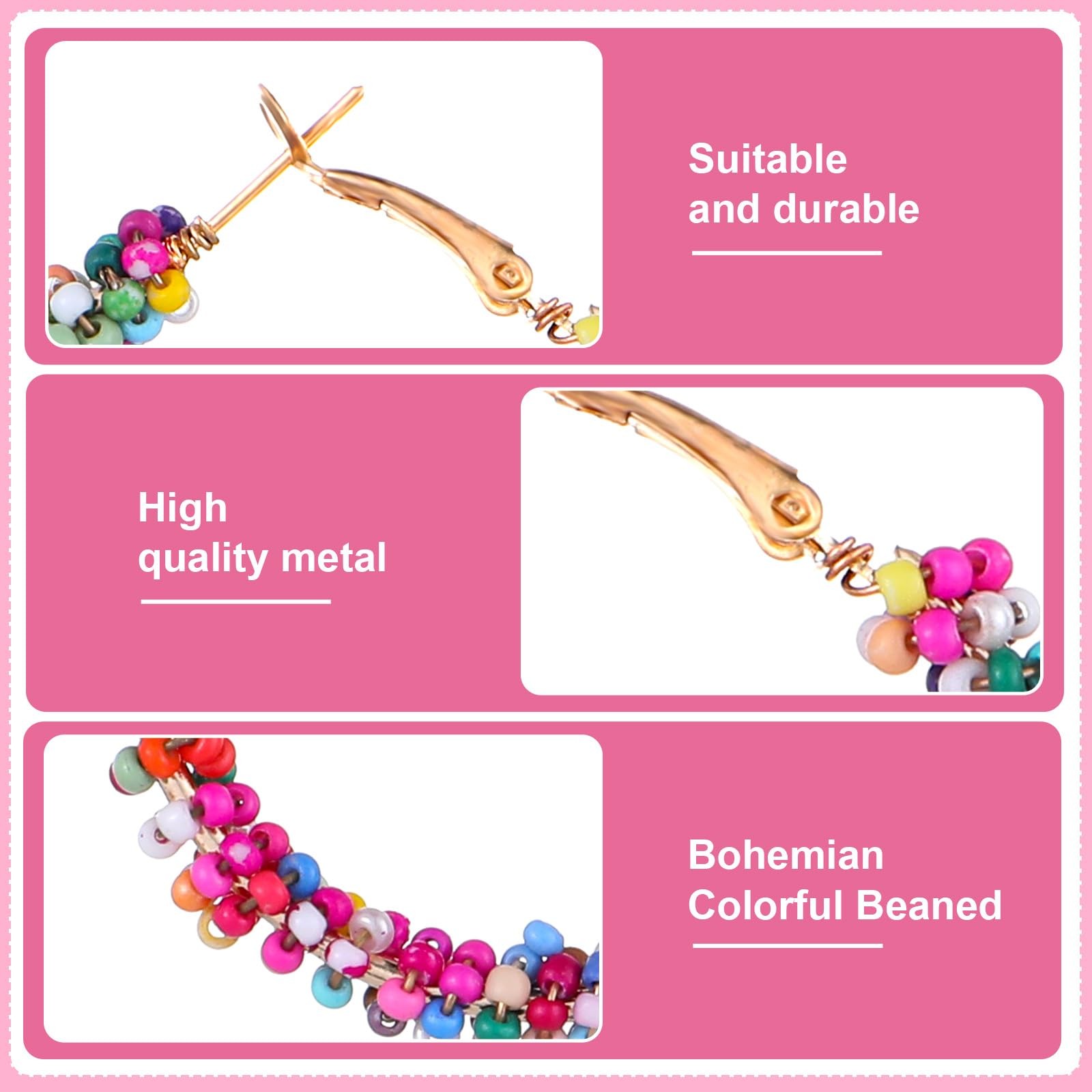 Boho Beaded Earrings for Women, Colorful Floral Hoop Earrings with Rainbow Be…