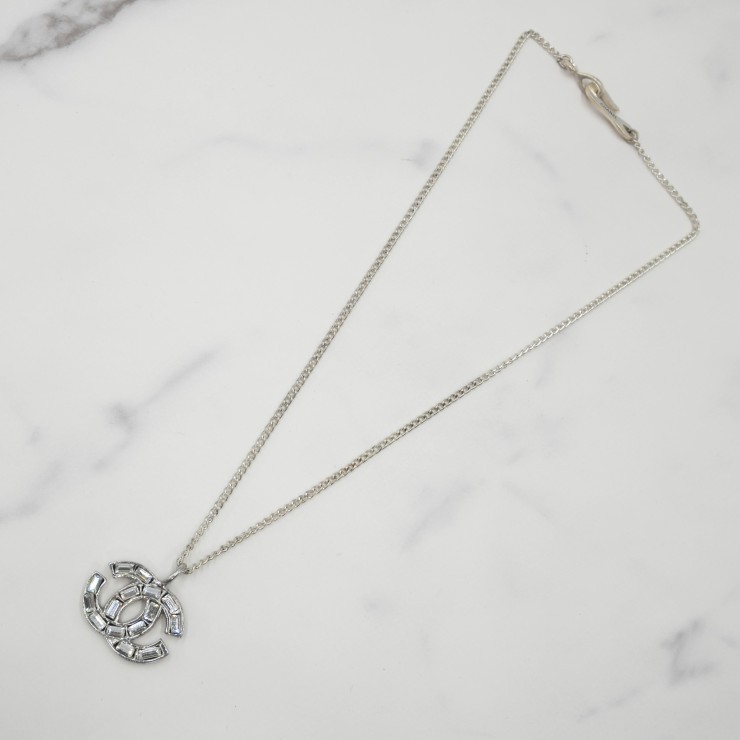 CHANEL Coco Mark Pendant Necklace Silver Tone Clear Stone 42cm
