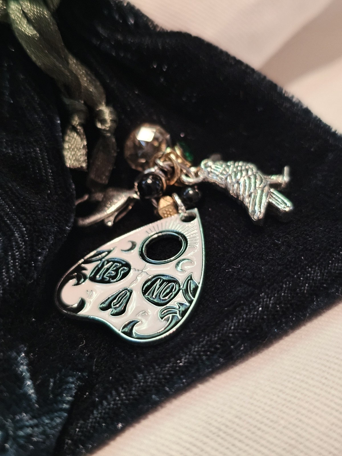 Silver Crow Planchette Dangle Charm Lobster Clasp Crystal Velvet Set