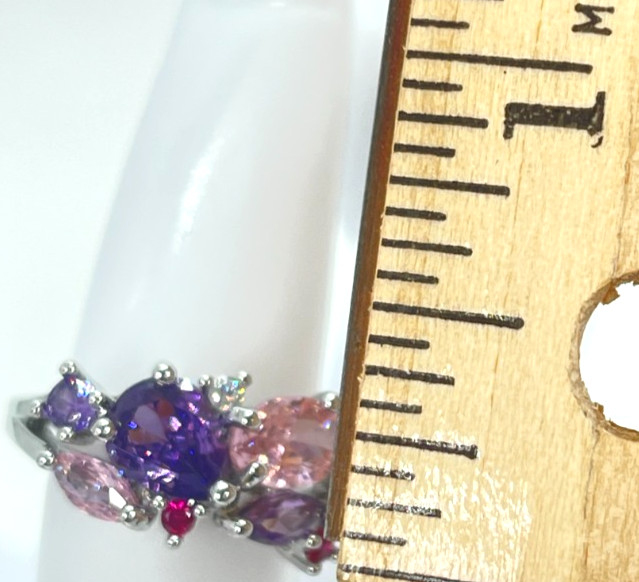 Ring Silver Tone Multicolor Cubic Zirconia Inlay Crystals Lush Prong Setting S6