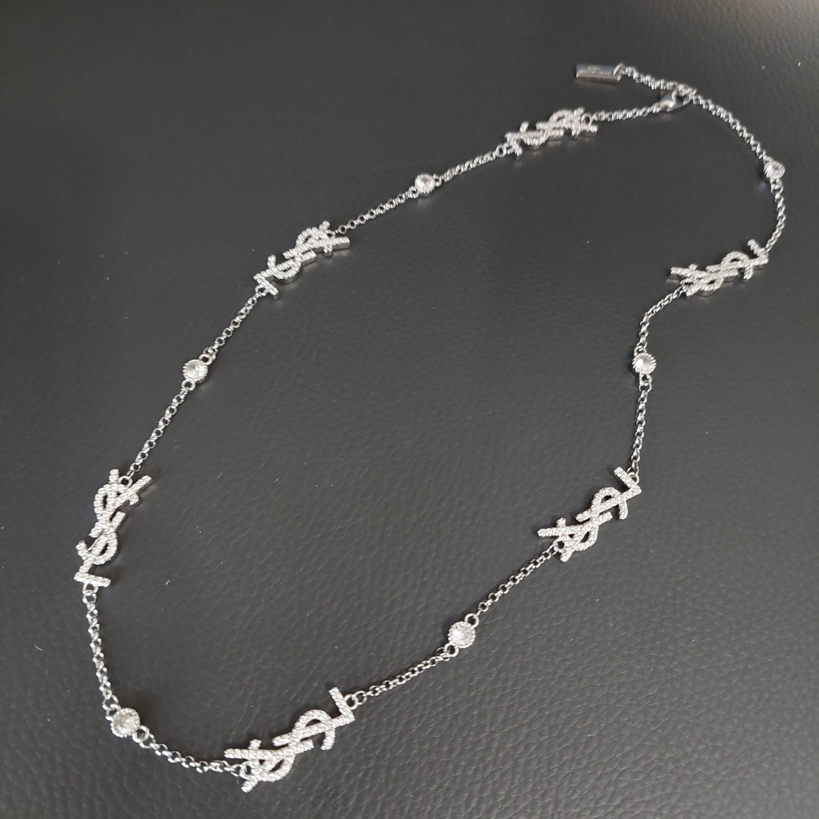 Auth. Yves Saint Laurent Signature YSL Logo Choker Crystal Studded Necklace