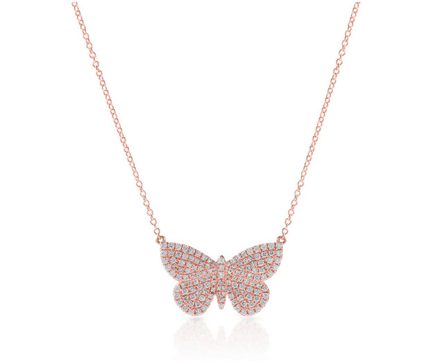 0.35ct Genuine Moissanites In Real 14K Rose Gold Butterfly Pendant Necklaces