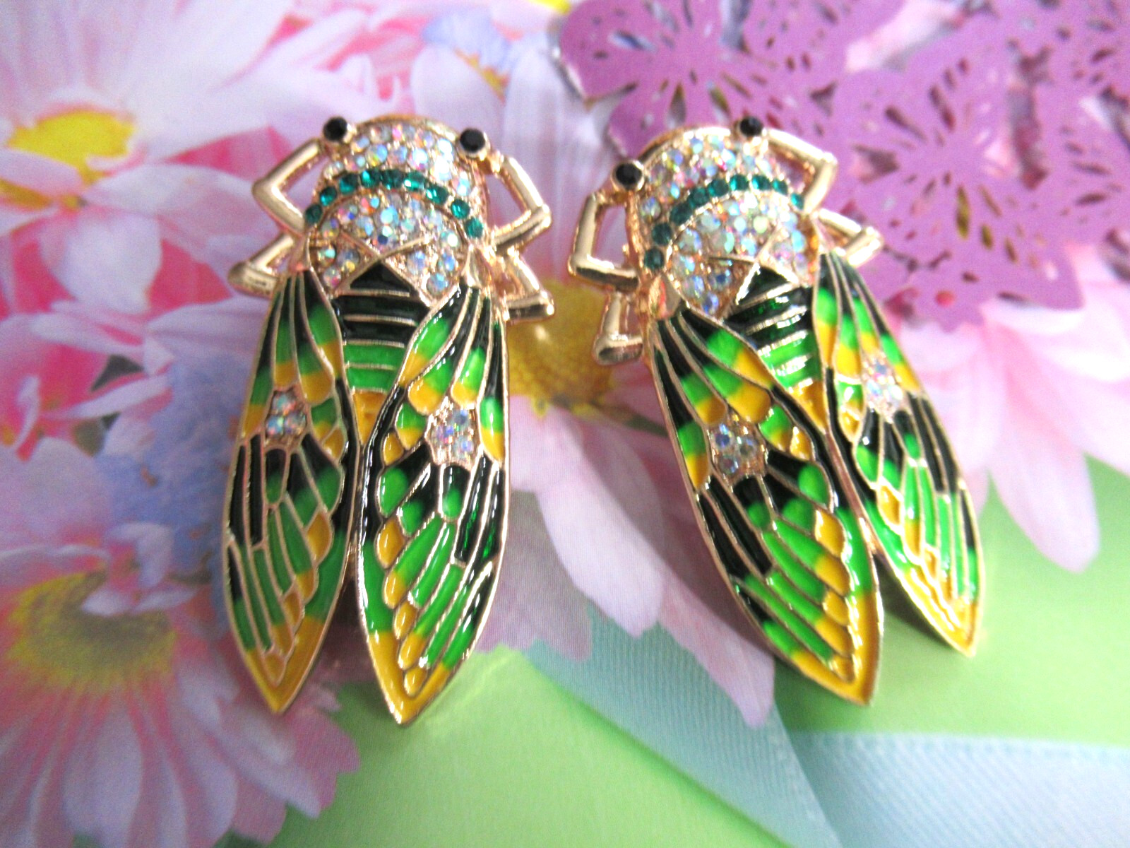 GOLD GREEN AND MULTICOLOR Locust Insect Rhinestone STUD Earrings-NEW