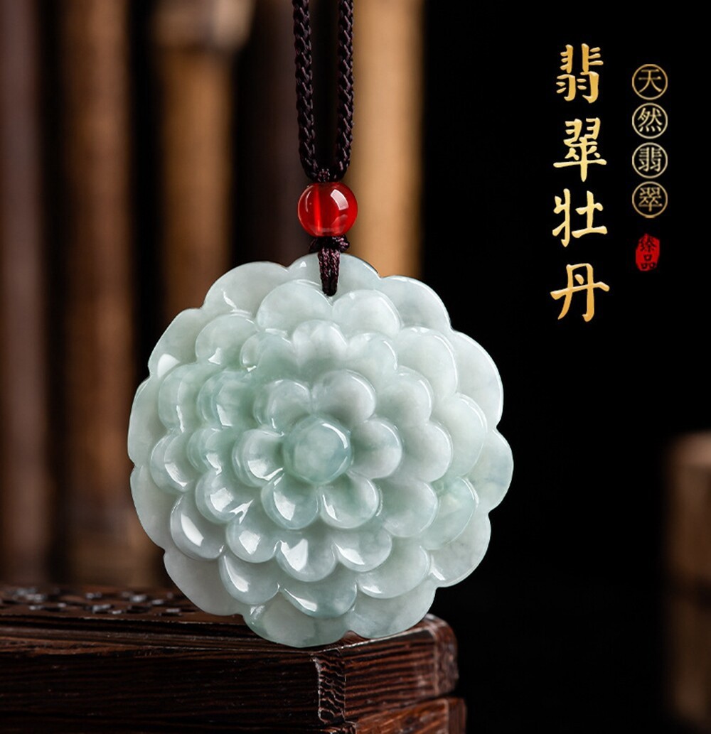 Certified Green Burma Natural Grade A Jade jadeite Peony Flower Pendant Necklace