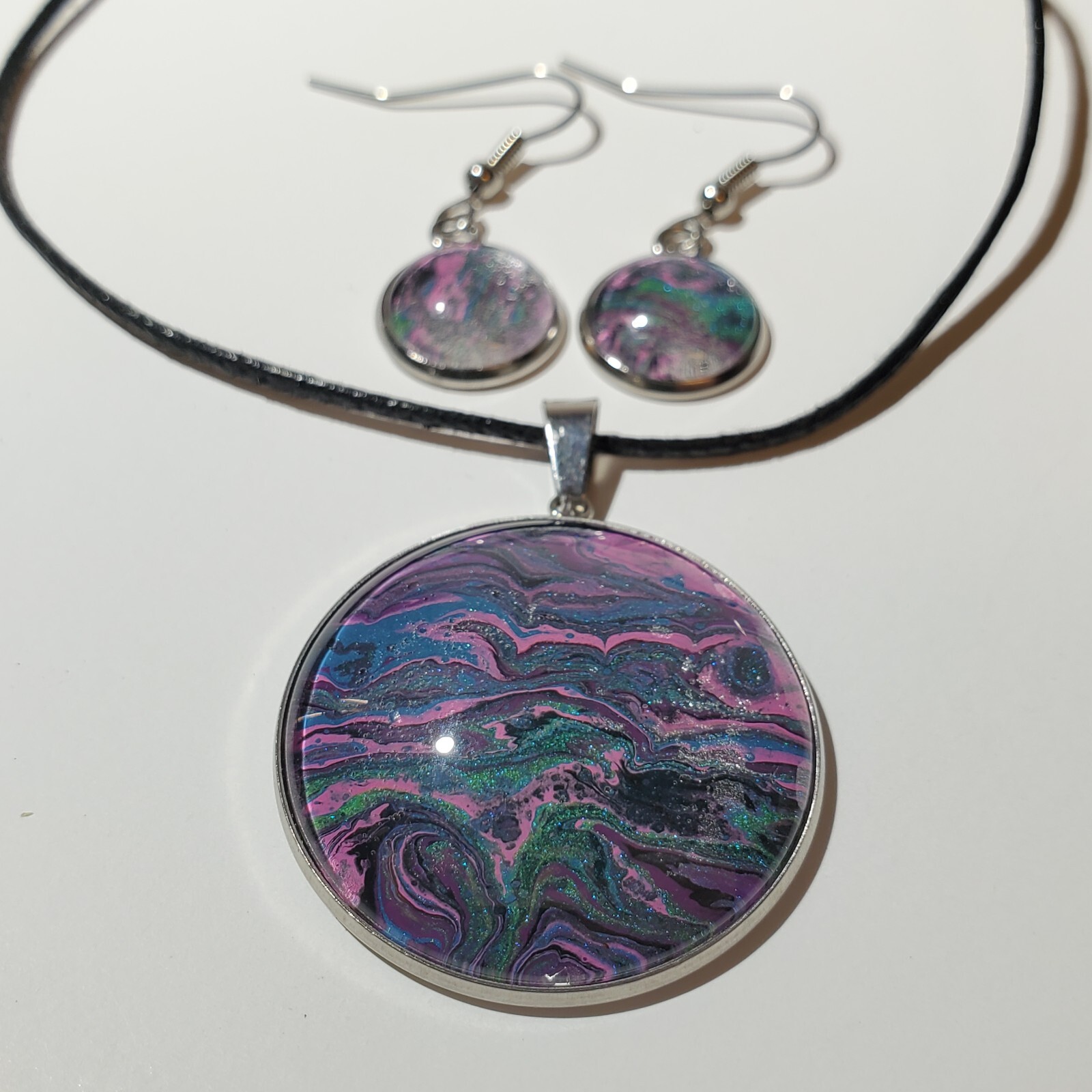 Necklace and Earrings Set, Acrylic Paint Pour Painting Jewelry, A10