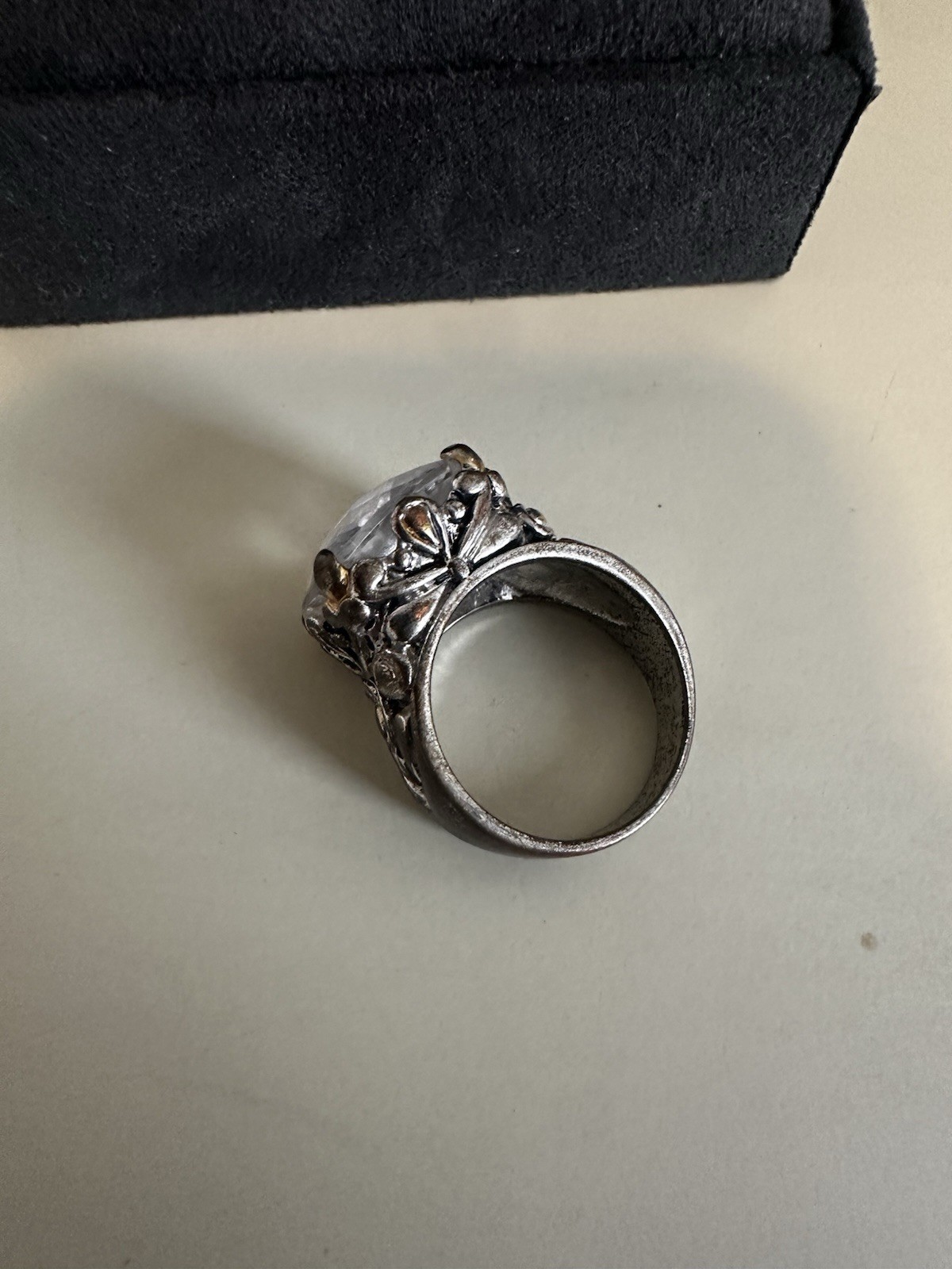 Silver Cocktail Ring with Large Clear Cushion Glass Stone and Ornate Band