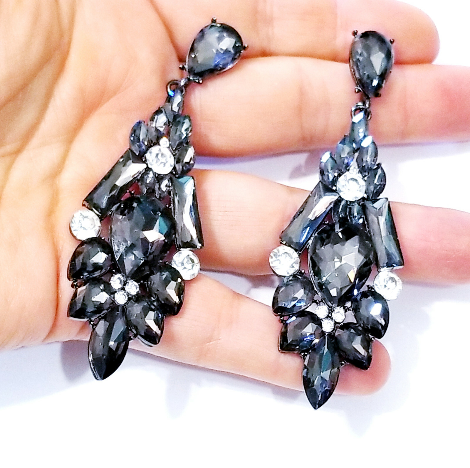 Gray Rhinestone Chandelier Drop Earrings Steampunk Prom Pageant Jewelry 3.2 in