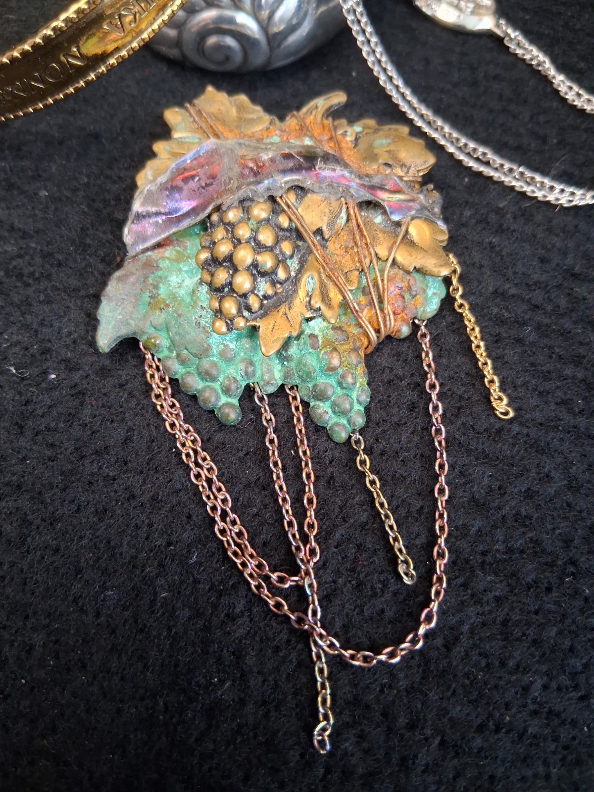 Vtg MCM Mixed Metals Artisan BROOCH Signed Wearable Art Grapes Wine OOAK
