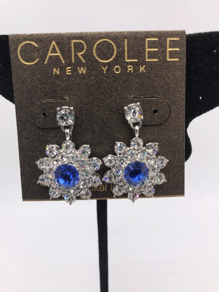 $40 Carolee Blue & Clear Crystal Flower Drop Earrings C1A