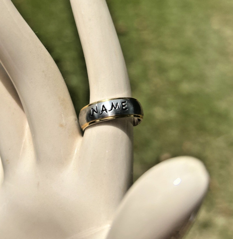 6mm Gold Edge Personalized Hand Stamped Stainless Steel Rings
