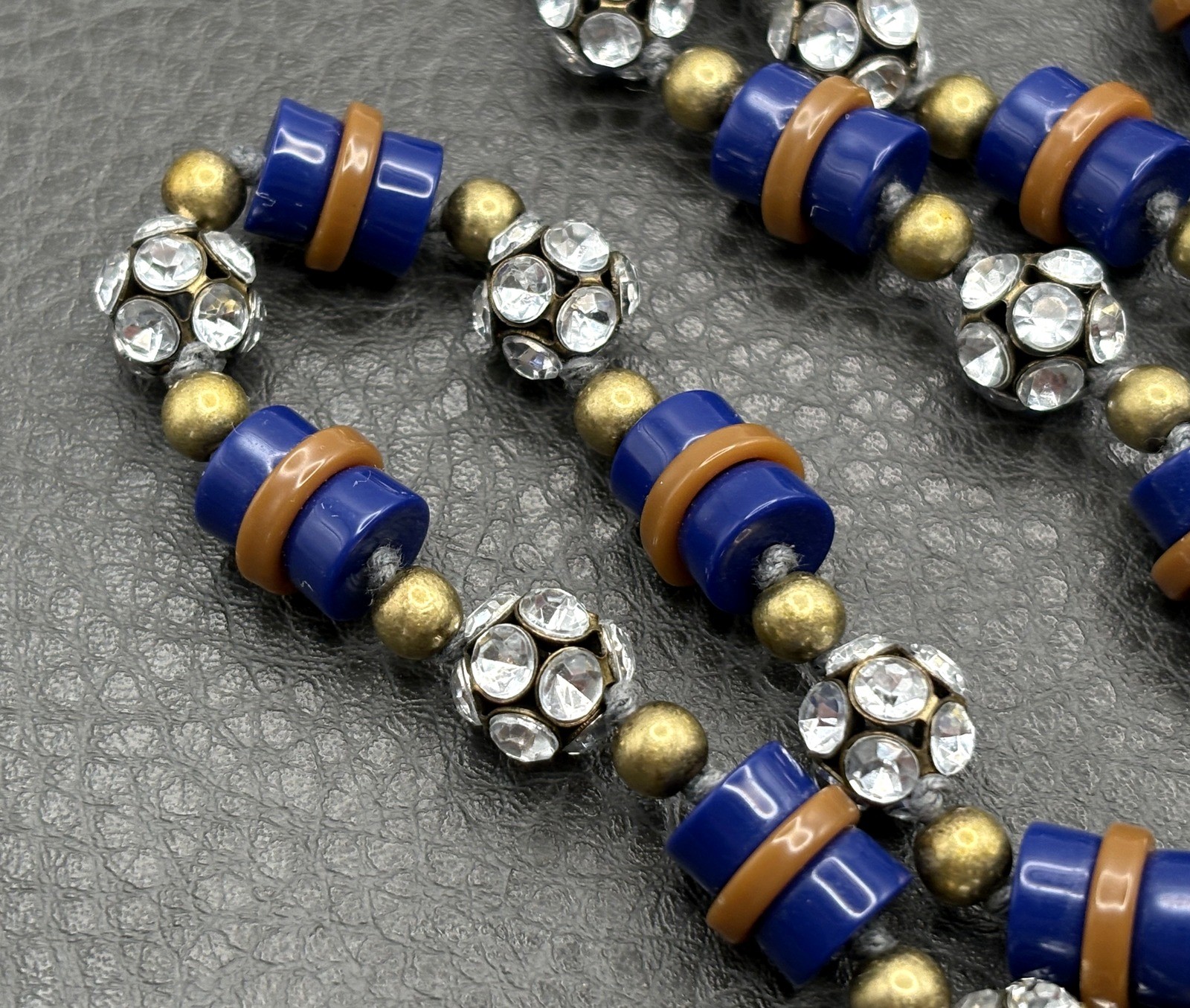 J. Crew Art Deco Style Blue Acrylic Chunky Bead Necklace Rhinestone Spacers 28″