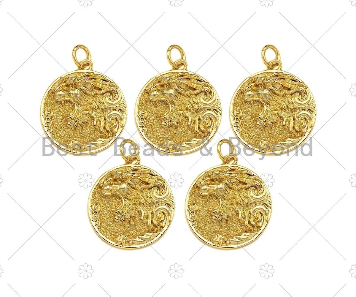 Embossed Lion Head On Round Coin Shape Pendant, 18K Gold Medallion