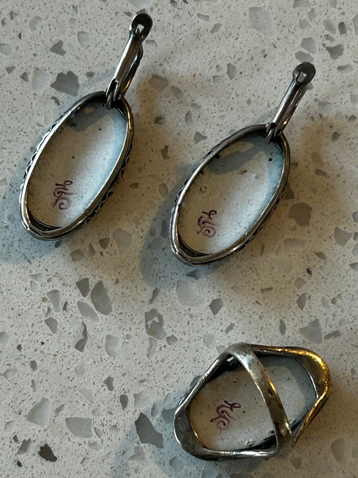 Tulip flowers earrings ring size 7 set Russian Finift hand painted jewelry