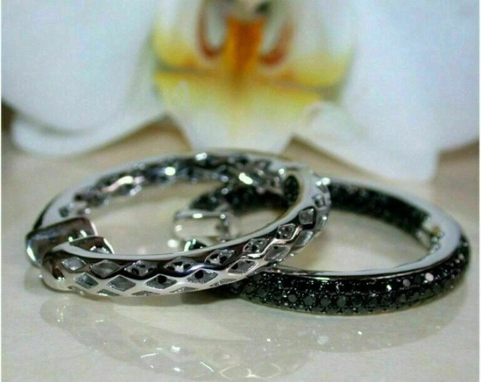 2.000Ct Round Cut Simulated Black Diamond Hoop Earrings 14K White Gold Plated