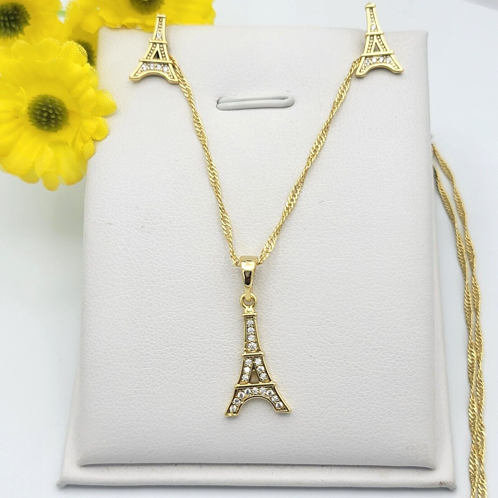 14K Gold Plated Eiffel Tower w crystals Pendant – Chain – Earrings Set Necklace