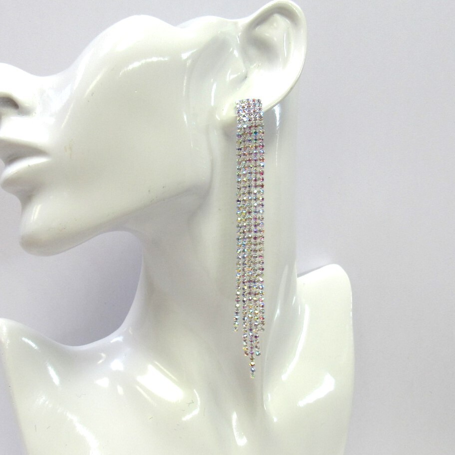 Long Silver Iridescent Rhinestone Sparkle Strand Earrings Wedding Prom #3122