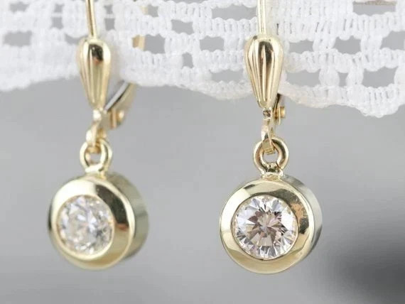 1CT Round Cut Simulated Diamond Bezel Drop Dangle Earring 14K Yellow Gold Plated