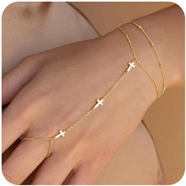 M MOOHAM 14K-Gold-Plated Hand Chain Bracelet for Women, Dainty Ring Cross
