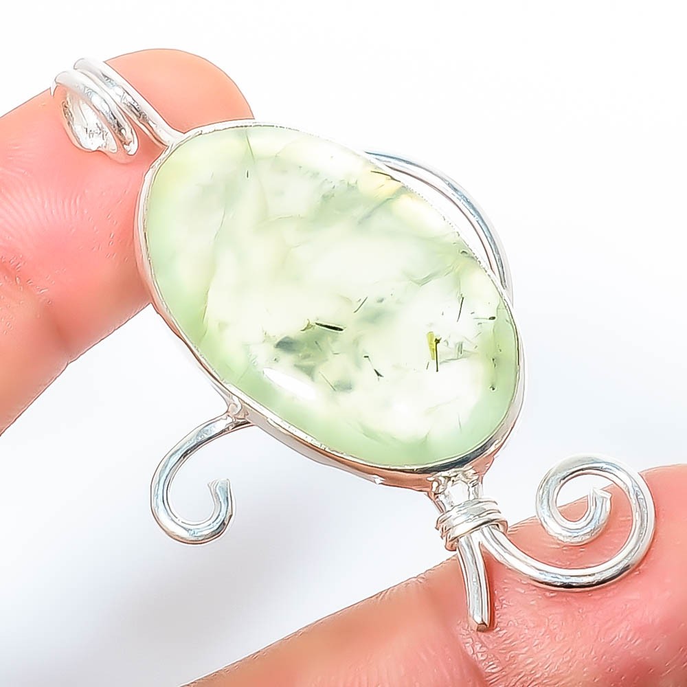 Prehnite Gemstone 925 Sterling Silver Handmade Jewelry Pendant 2.15″ T2