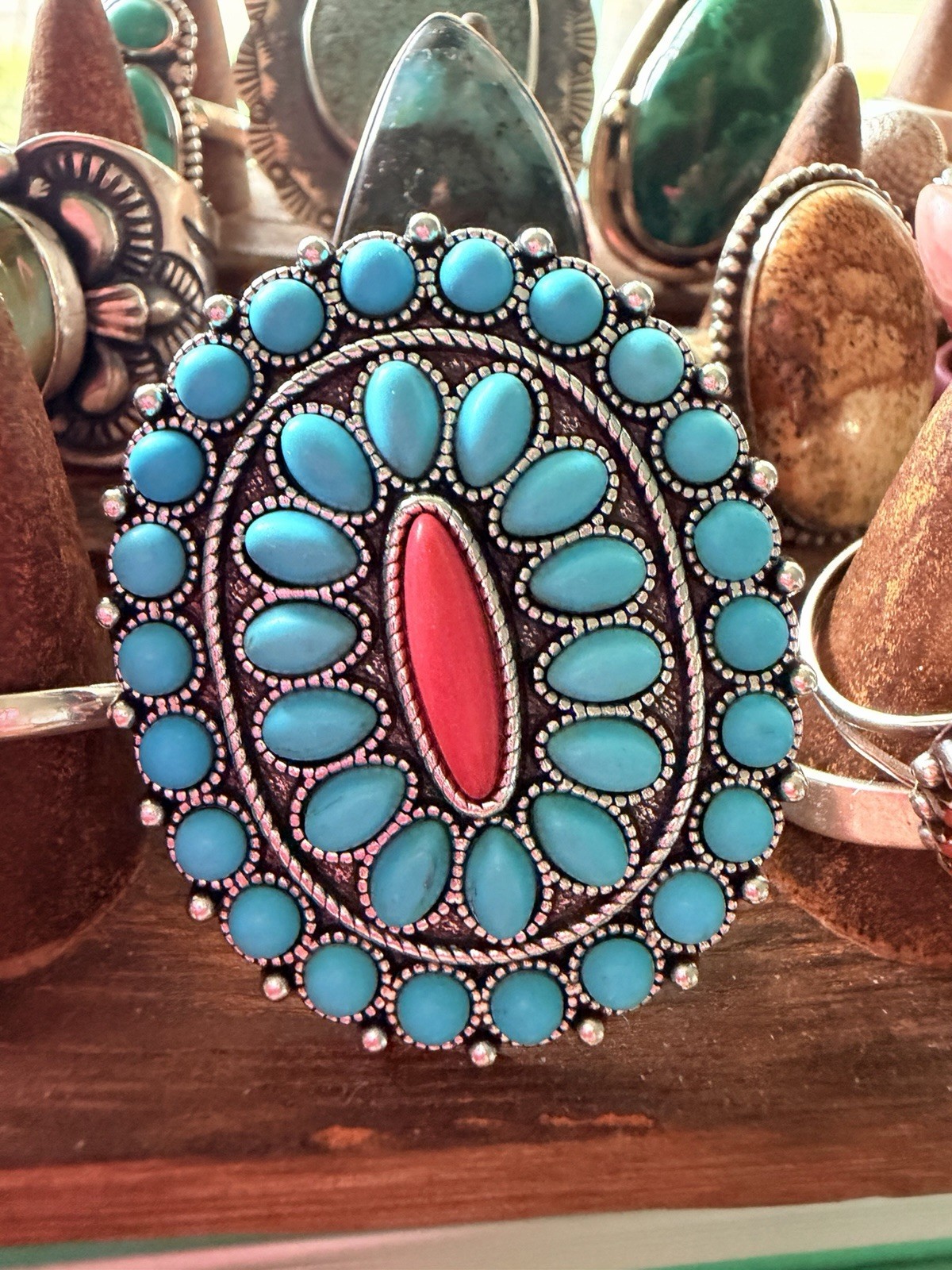 Lot of 2 Adjustable Statement Cocktail Rings Coral and Turquoise Colored Stones