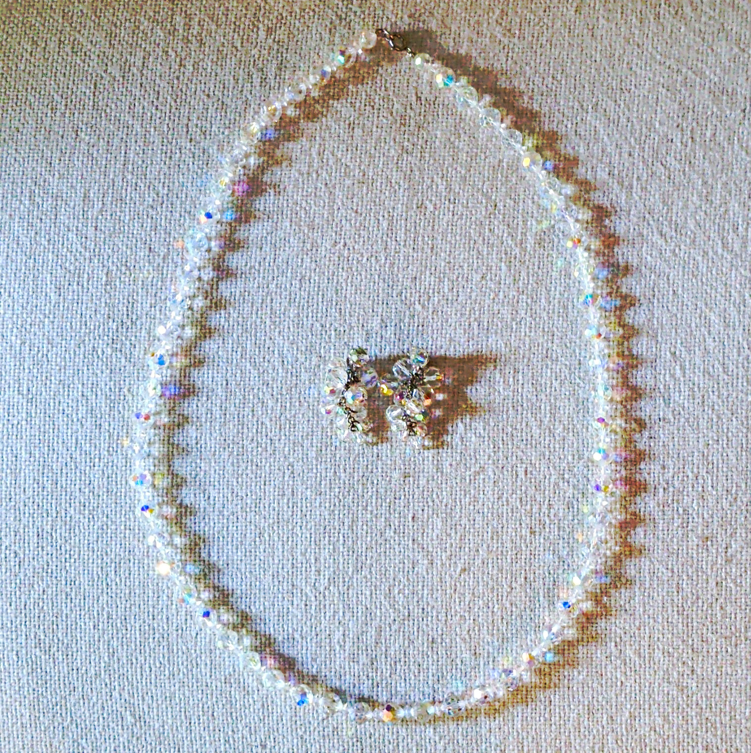 Clear AB Faceted Crystal Necklace 28″ & Dangle Clip-On Earrings Jewelry Set