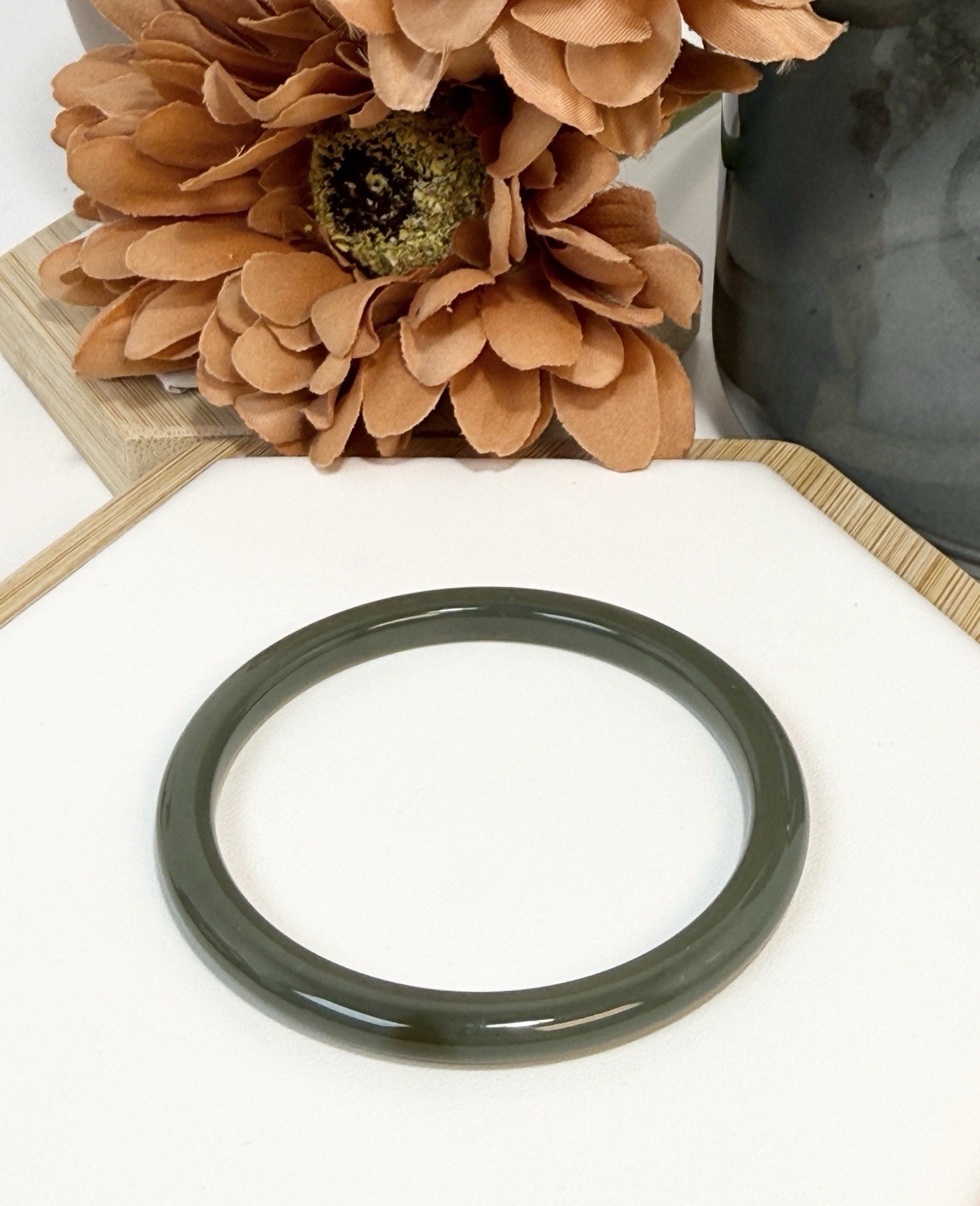 Hetian Jade Green/Brown Splash Hard Bangle Size: 54.9MM Width: 5.5MM w/Cert