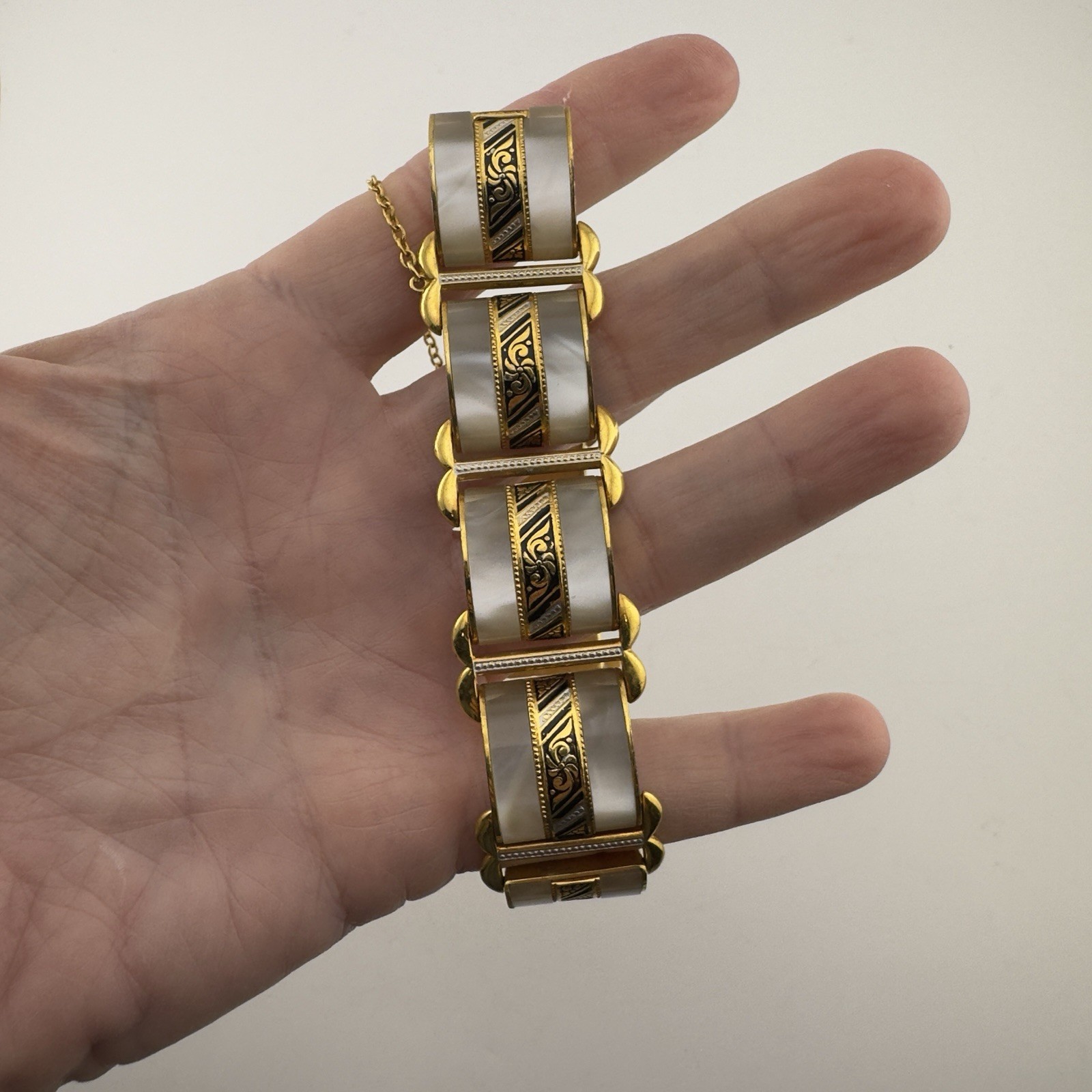 Vintage Damascene Toledo Panel Bracelet Gold Tone Mother Of Pearl Wide Link