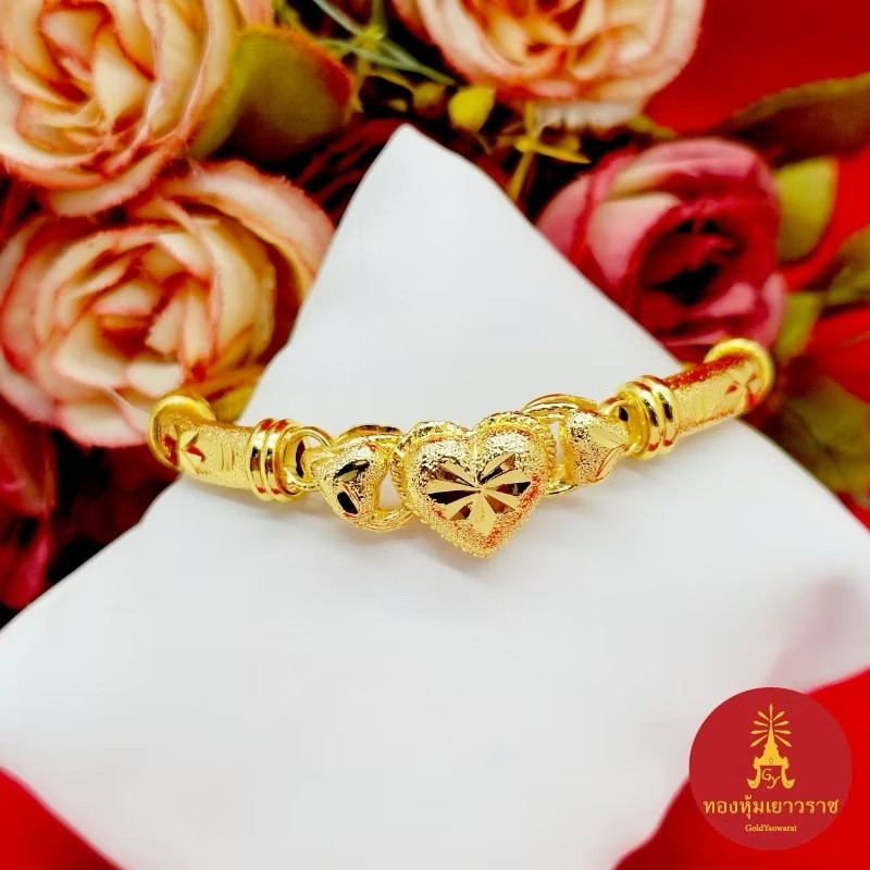 Heart Charm 22K 23K 24K THAIBAHTYELLOW GOLD Bracelet JewelryWomen diameter 5.5cm