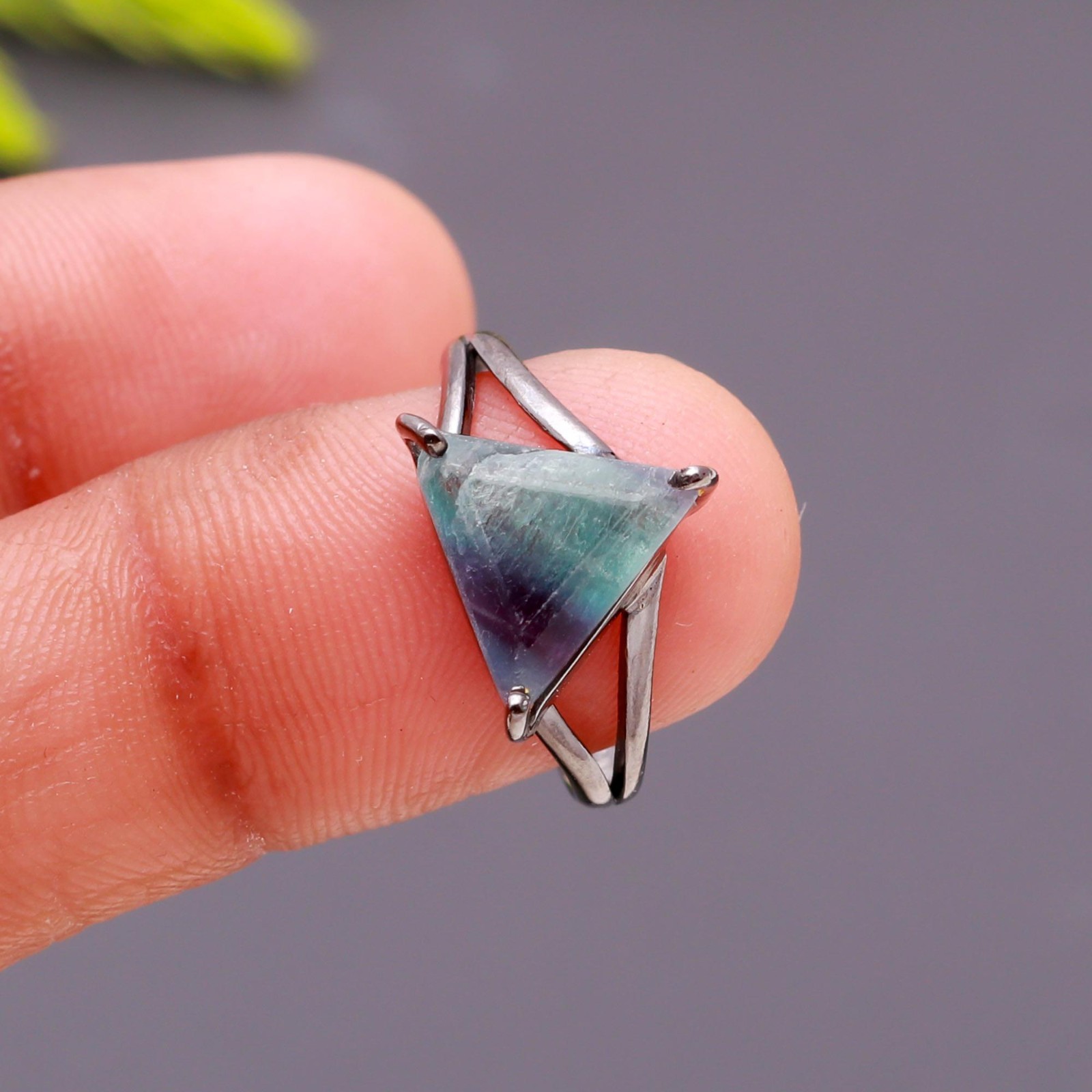 Natural Fluorite Triangle Ring 925 Sterling Silver Black Oxidized Boho Jewelry