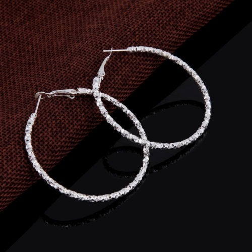 New Nicely Textured Silver Plated 2″ Round Hoop Earrings w/Omega Backs