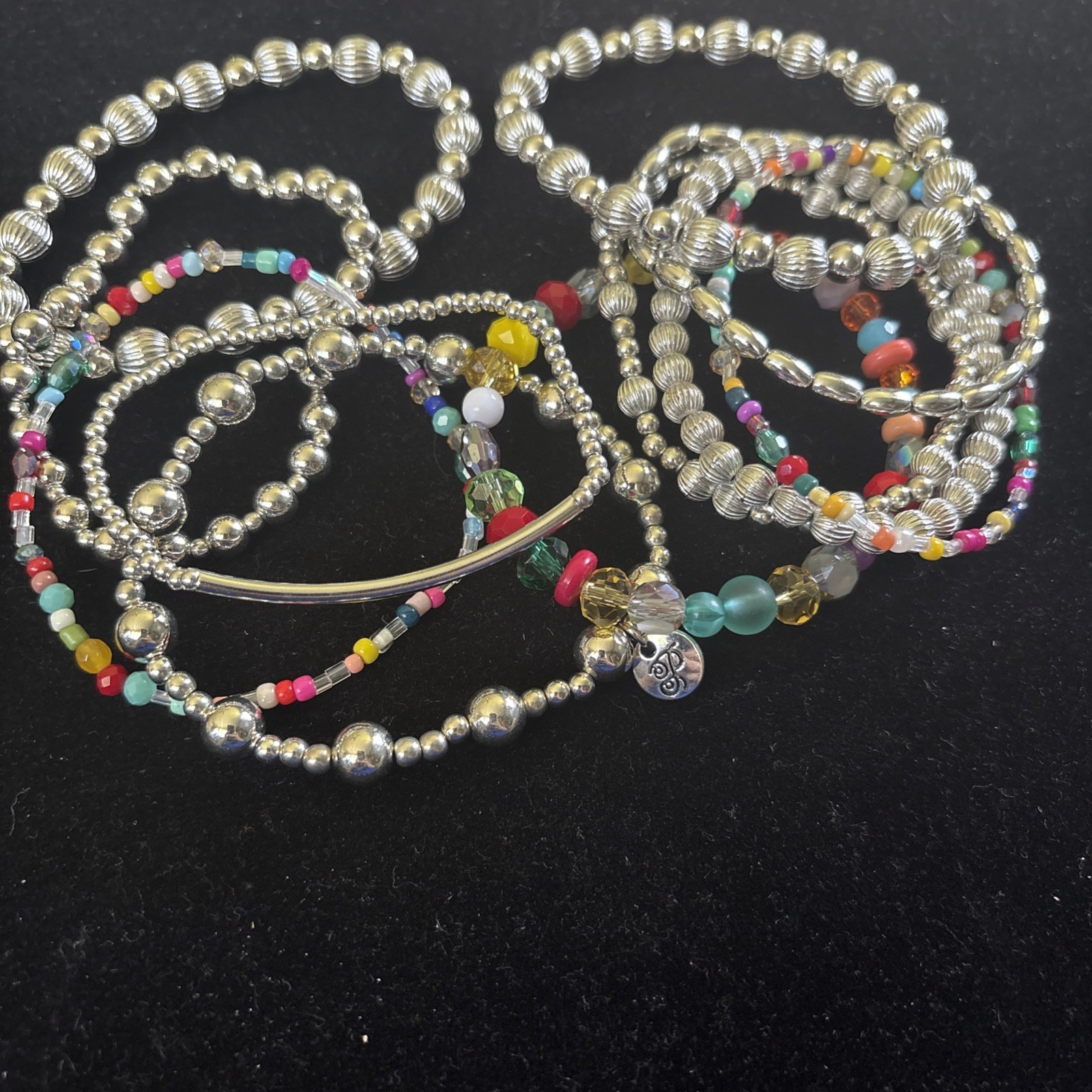 Plunder Light Weight Silver With Colorful Beaded Stretch Bracelets