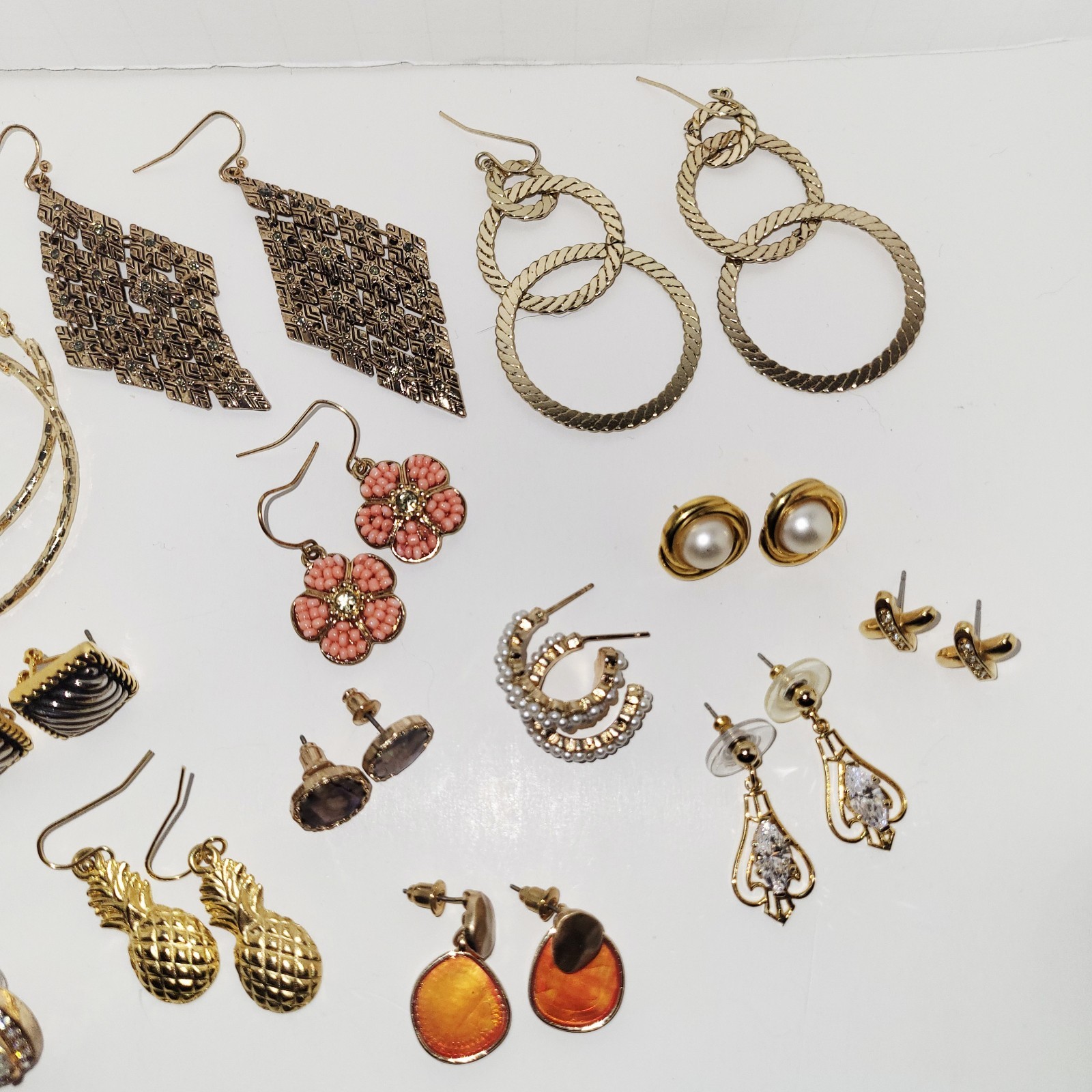 Lot of Earrings 13 Pair Gold Tone Dangles Hoops Studs Pierced Varied Styles EUC