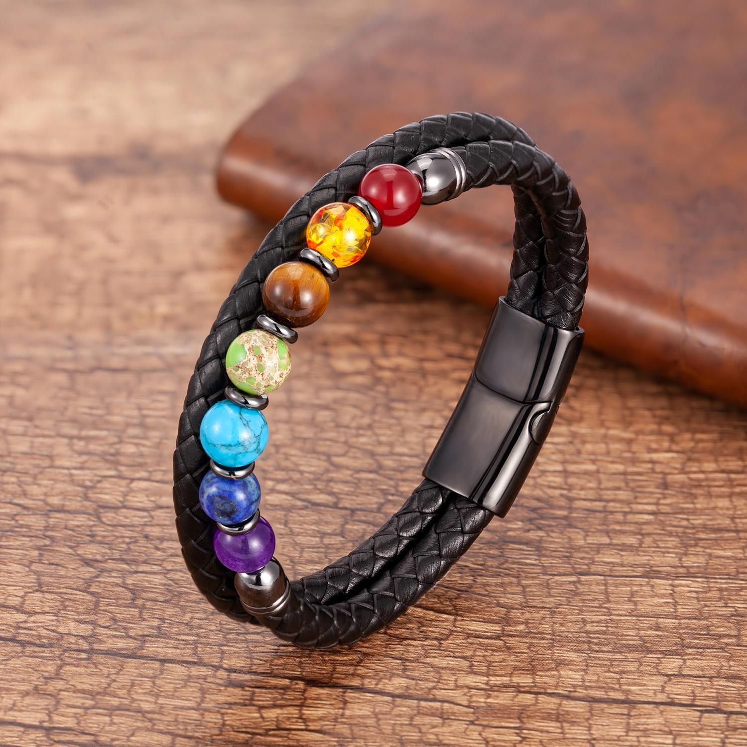 Chakra Bead Stone Bracelet Black Leather Steel Bangle for Men and Women