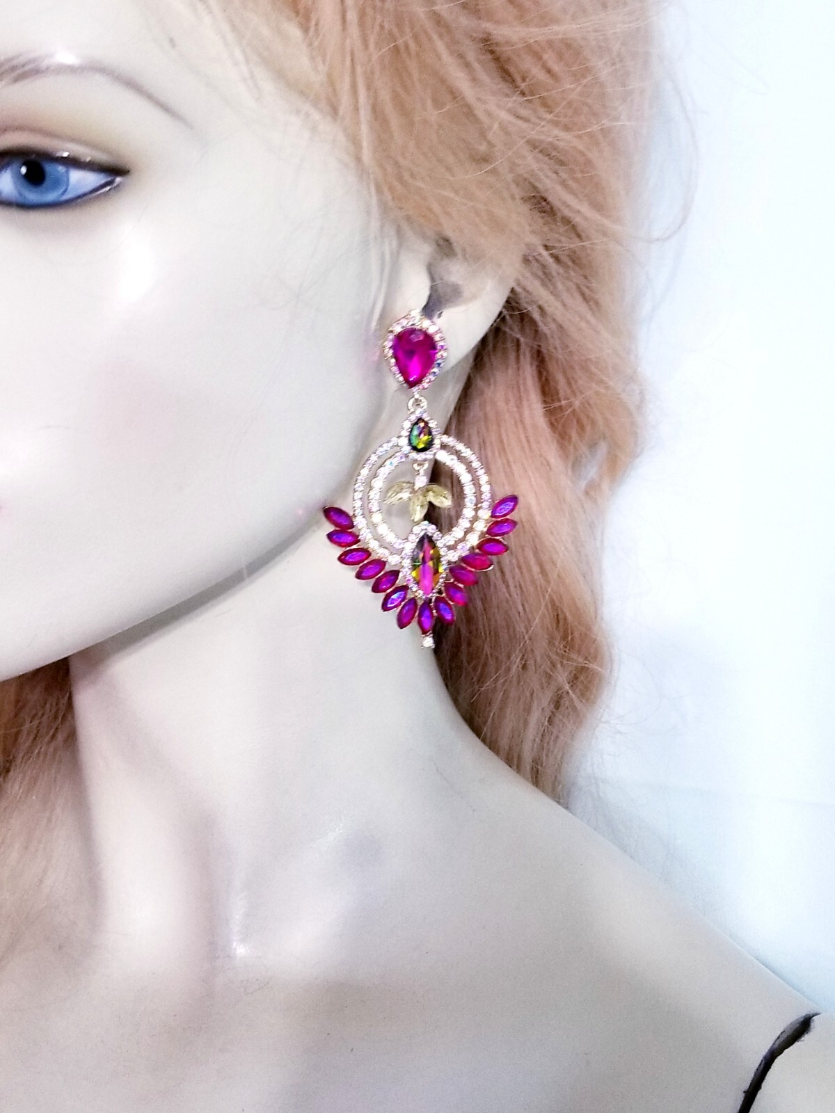 Drop Dangle Bridesmaid Chandelier Earrings 3.2 inch Pink Rhinestone Pageant Prom