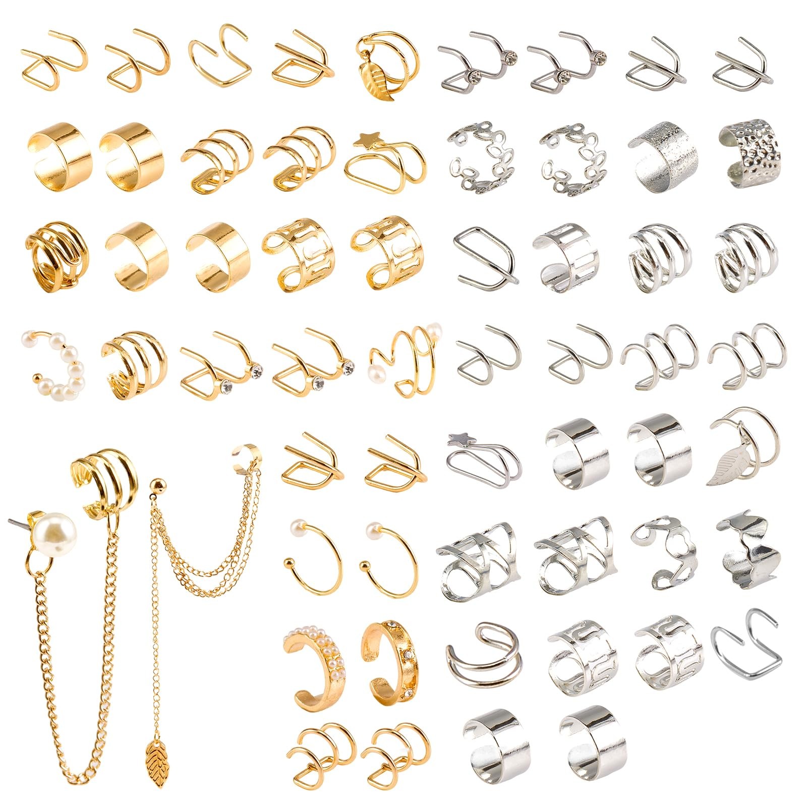 60 Pcs Ear Cuff Earrings for Women Non Piercing Helix Cartilage Silver Gold Plat