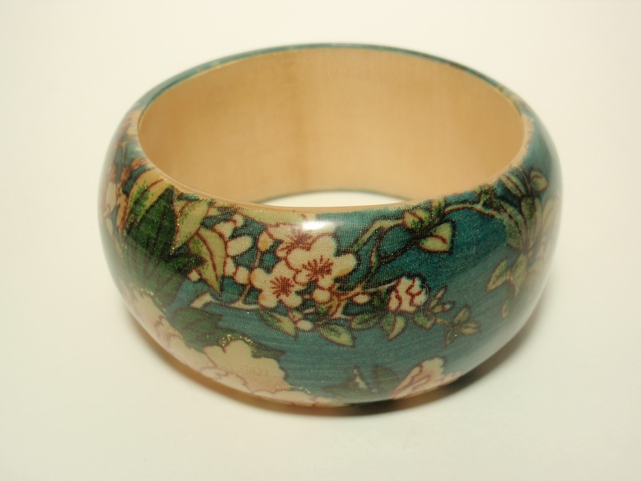 Wood Laminated Floral Fabric Overlay Domed Chunky Bangle Bracelet