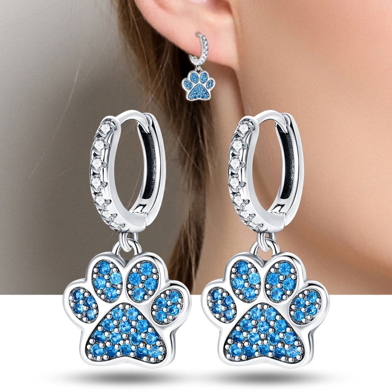 PANDACH 925 Sterling Silver Tiny Blue Dreamcatcher Paw Hoop Earrings For Women