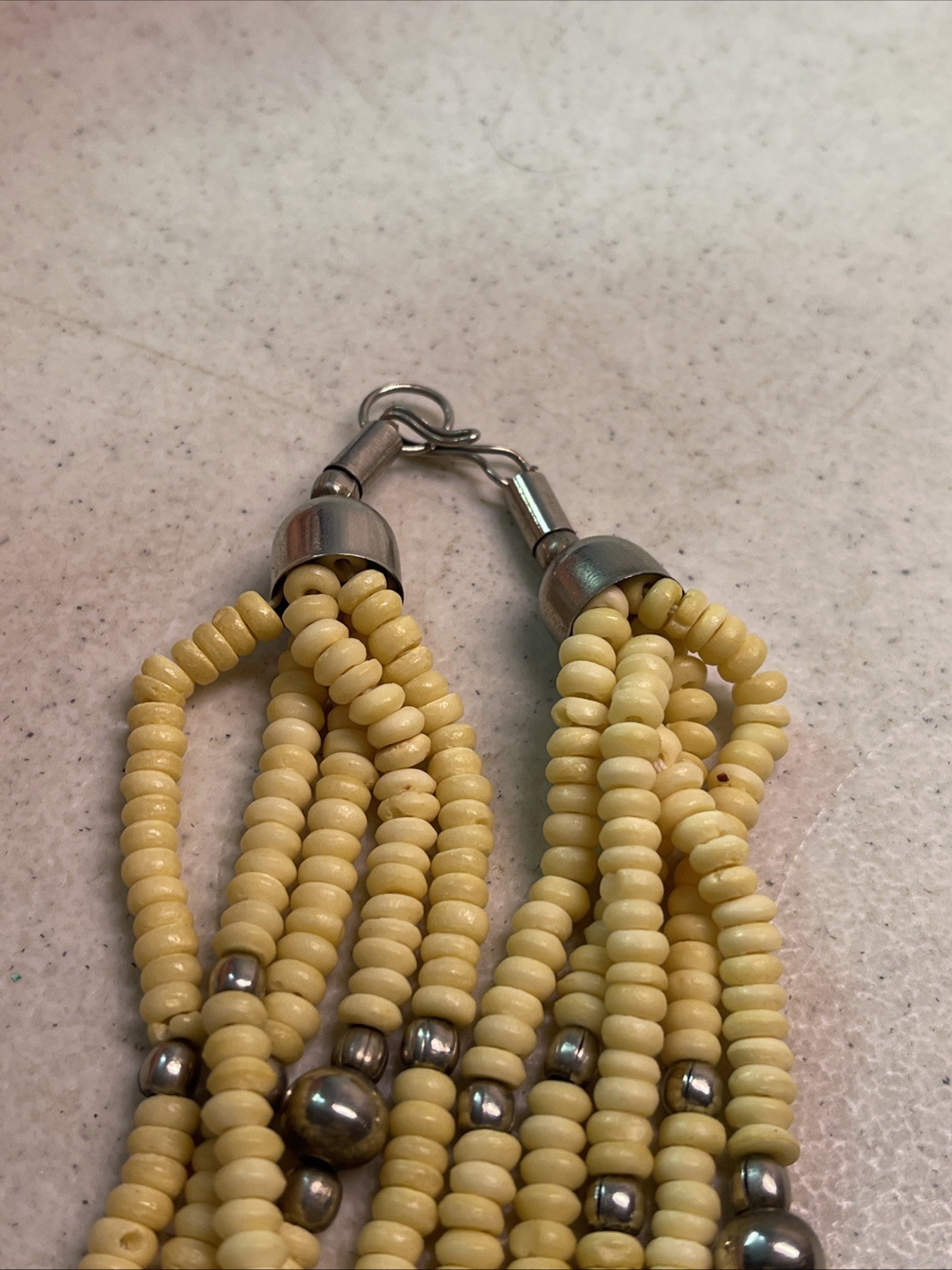 Multi Strand Cream/Silver Bead 19.5” Necklace Round Disk Native American Looking