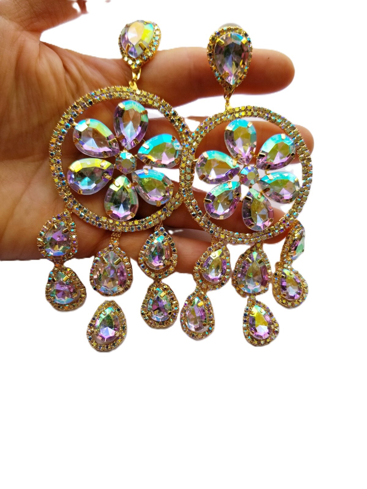 AB Iridescent Rhinestone Chandelier Drop Dangle Earrings 5.5 inch Jewelry