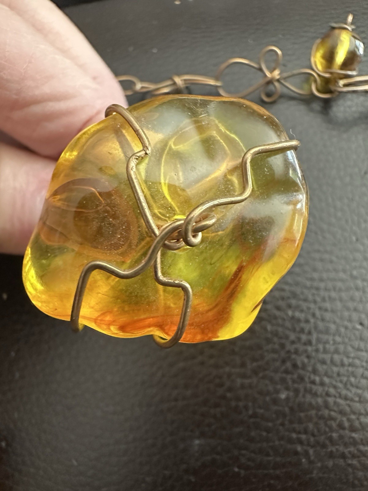 ABRA Signed Amber Freeform Beaded Wire Wrap Necklace Link & Clip On Earrings