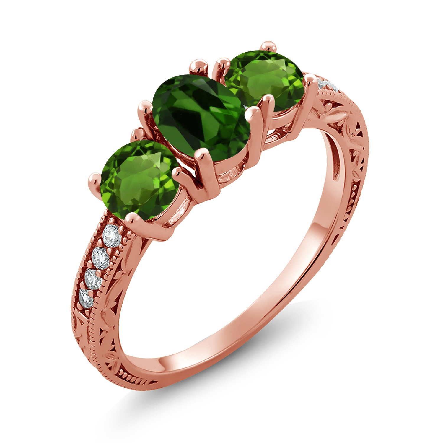 1.82 Ct Oval Green Chrome Diopside 18K Rose Gold Plated Silver Moissanite Ring