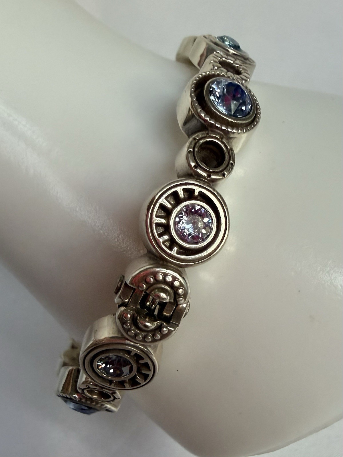 Brighton Halo Burst Hinged Bangle Bracelet Silver Plated Blue Purple Stones 2.5″