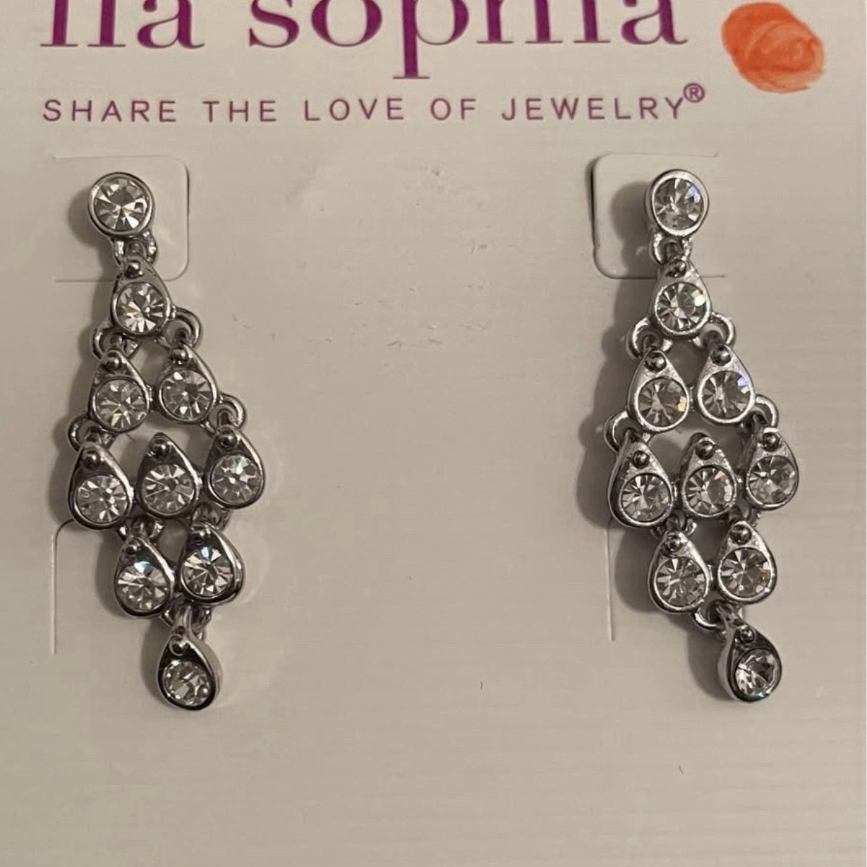 Lia Sophia Silver Tone Clear Crystal Rhinestone Teardrop Dangle Earrings